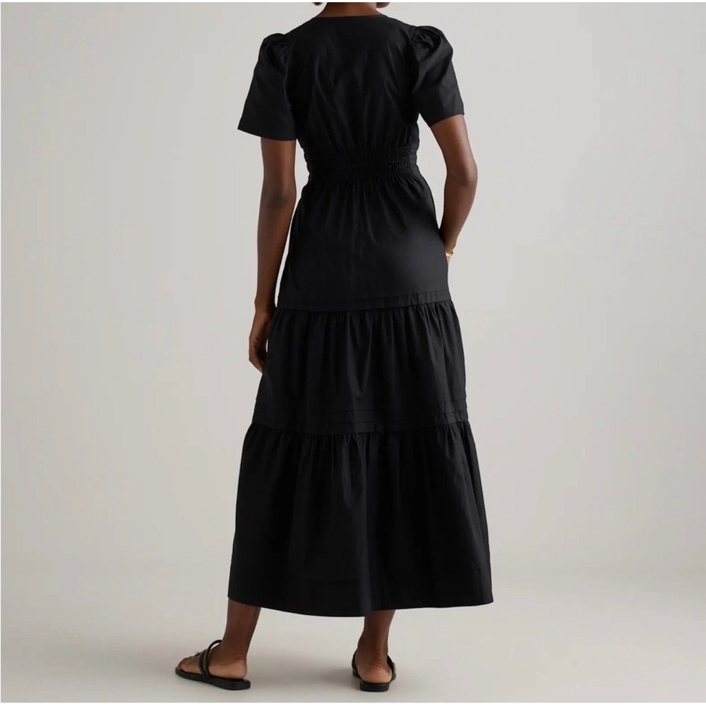 Quince Black Organic Cotton Poplin Tiered Maxi Dress Smocked Waist Small